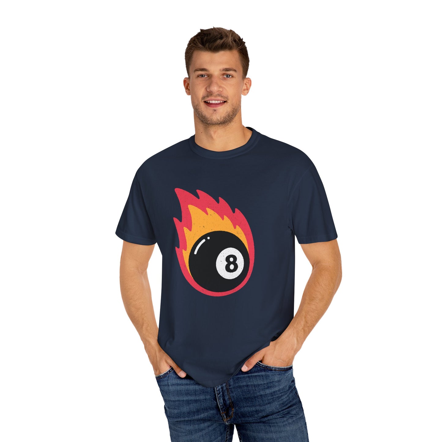 Retro Flaming 8 Ball on Fire Pool Lover Billiard Cue Sport Flaming 8-Ball Unisex Garment-Dyed T-Shirt