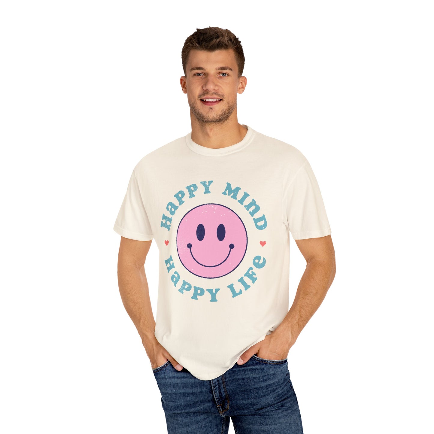 Retro Happy Smile, Pink Face - Trendy Costume - Unisex Happy Mind T-Shirt | Garment-Dyed Positive Vibes Tee