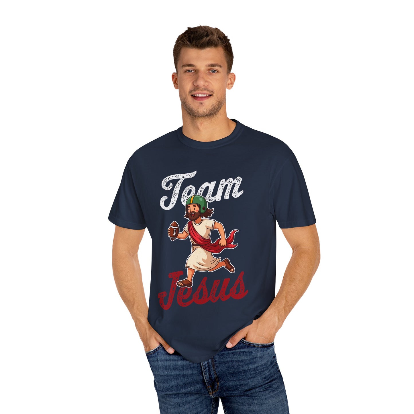 Playful Jesus Football T-Shirt for Sports Fans