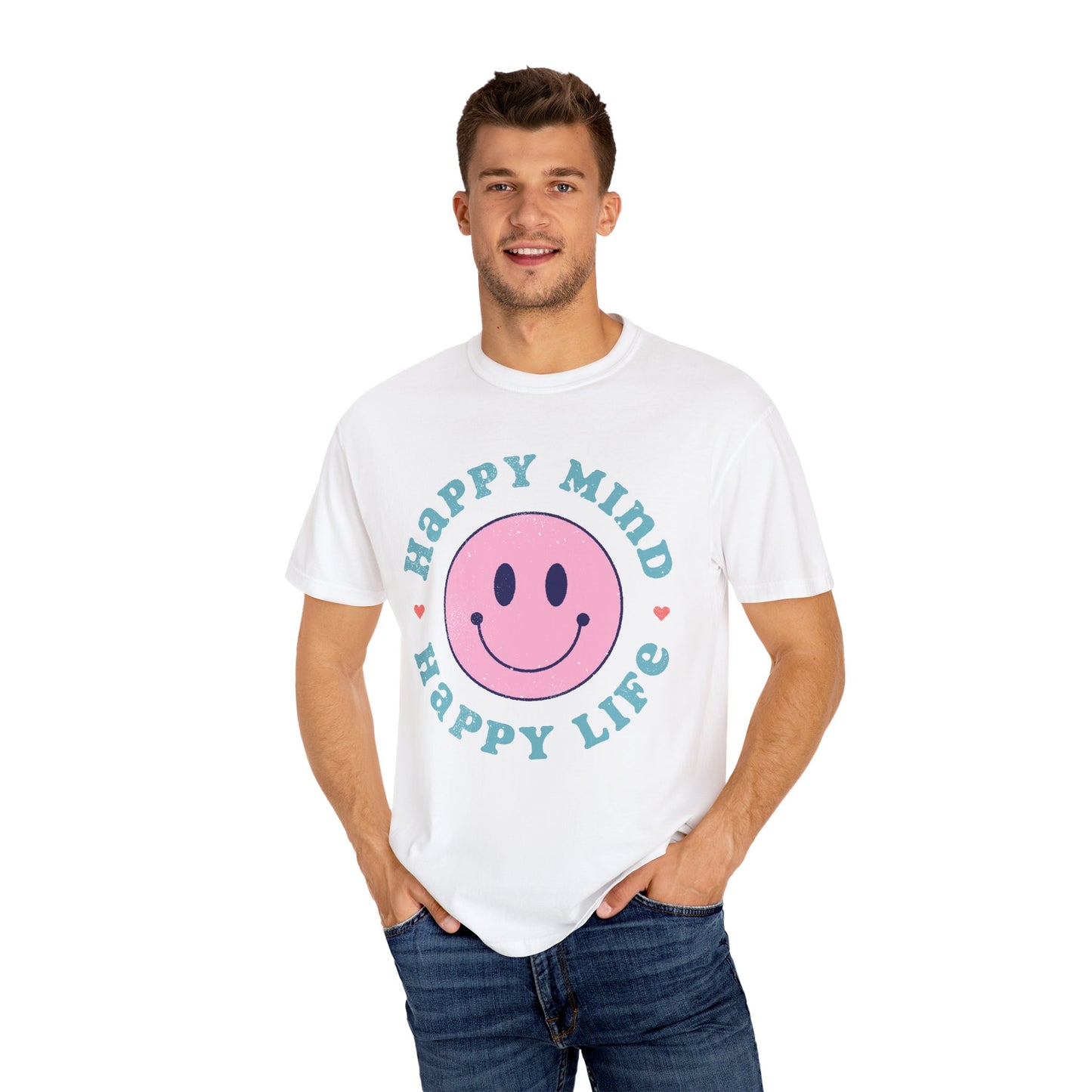 Retro Happy Smile, Pink Face - Trendy Costume - Unisex Happy Mind T-Shirt | Garment-Dyed Positive Vibes Tee
